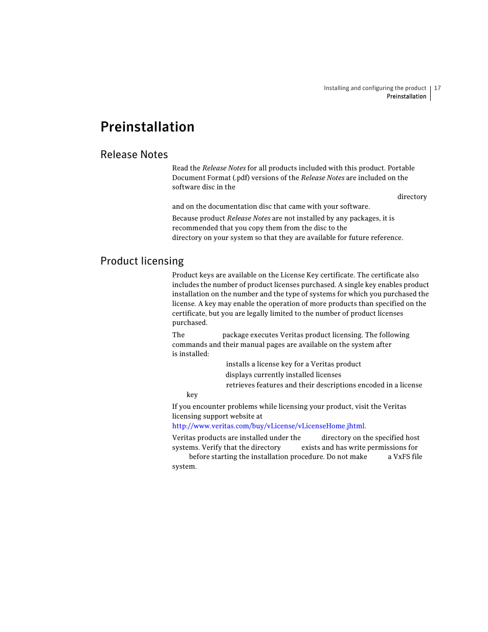 Preinstallation, Release notes, Product licensing | Release notes product licensing | Symantec VERITAS STORAGE FOUNDATION HP-UX User Manual | Page 15 / 66