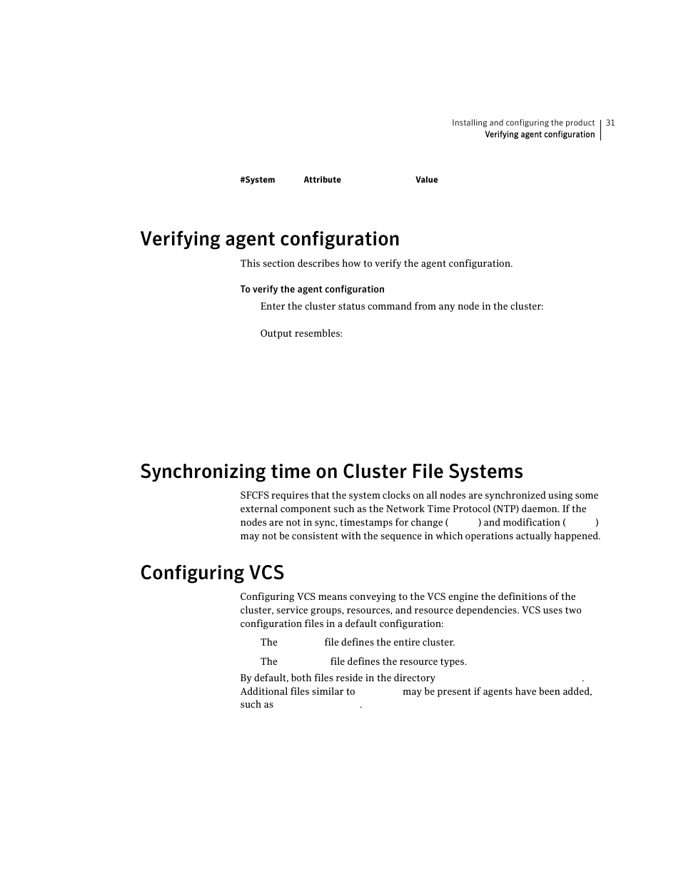 Verifying agent configuration, Synchronizing time on cluster file systems, Configuring vcs | Symantec VERITAS STORAGE FOUNDATION HP-UX User Manual | Page 29 / 66