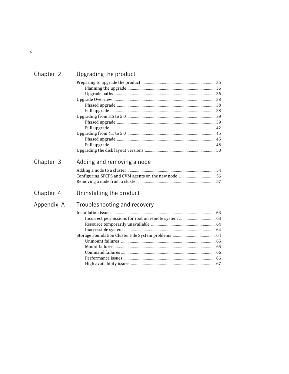 Chapter 2 upgrading the product, Chapter 3 adding and removing a node | Symantec VERITAS STORAGE FOUNDATION HP-UX User Manual | Page 6 / 66