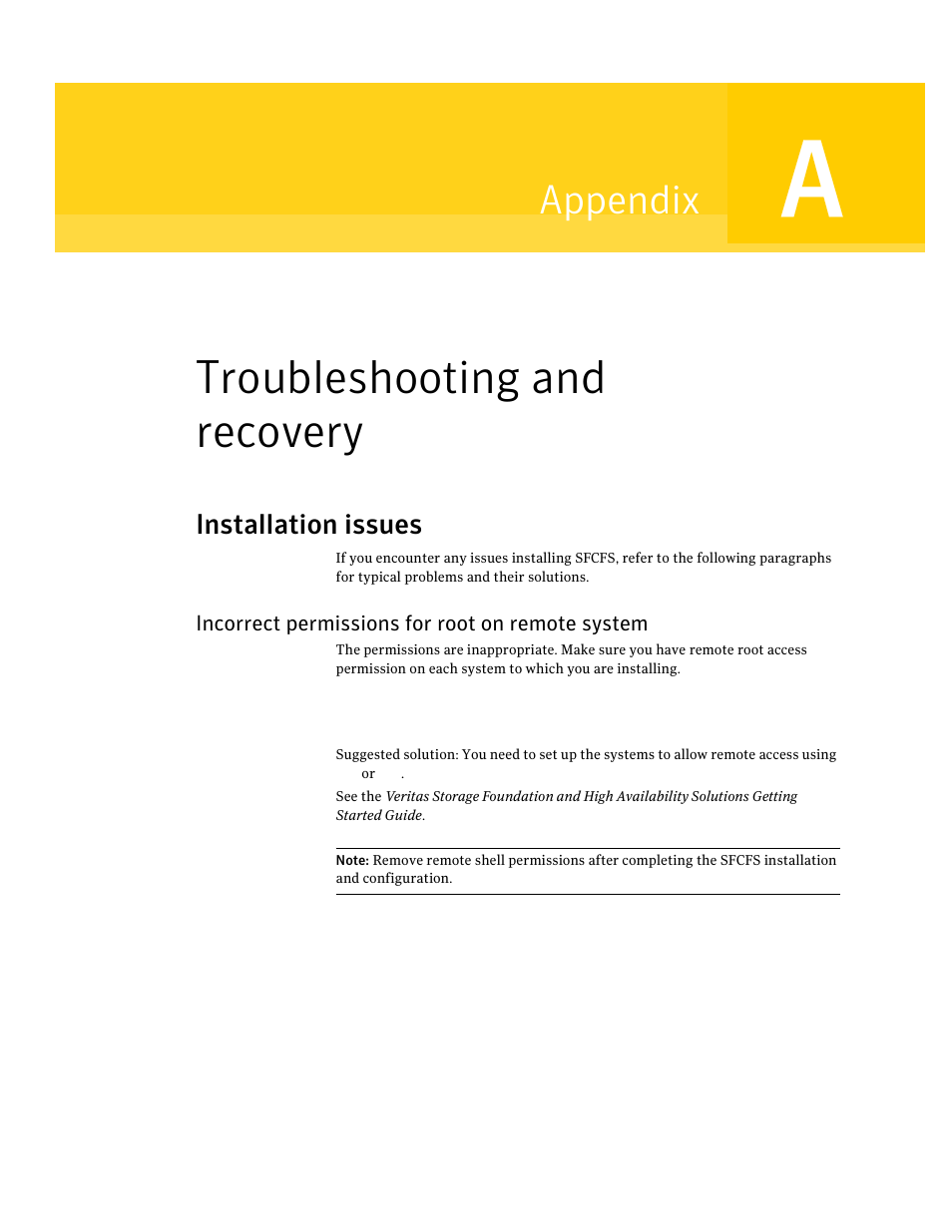 Troubleshooting and recovery, Installation issues, Incorrect permissions for root on remote system | Appendix a, Appendix | Symantec VERITAS STORAGE FOUNDATION HP-UX User Manual | Page 61 / 66