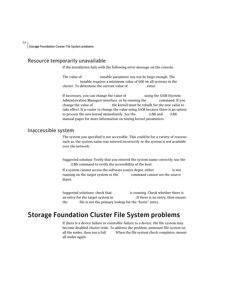 Resource temporarily unavailable, Inaccessible system, Storage foundation cluster file system problems | Symantec VERITAS STORAGE FOUNDATION HP-UX User Manual | Page 62 / 66