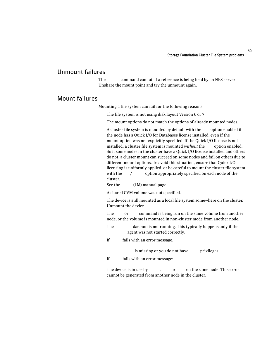 Unmount failures, Mount failures, Unmount failures mount failures | Symantec VERITAS STORAGE FOUNDATION HP-UX User Manual | Page 63 / 66