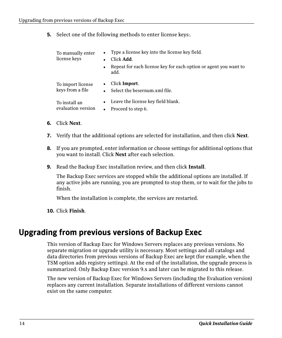 Upgrading from previous versions of backup exec, Upgrading from, Previous versions of backup exec | Symantec BACKUP EXEC 11D User Manual | Page 14 / 18