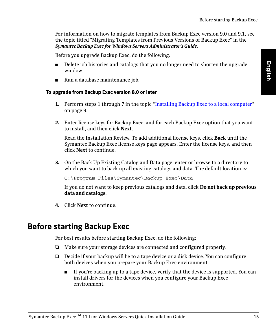 Before starting backup exec | Symantec BACKUP EXEC 11D User Manual | Page 15 / 18