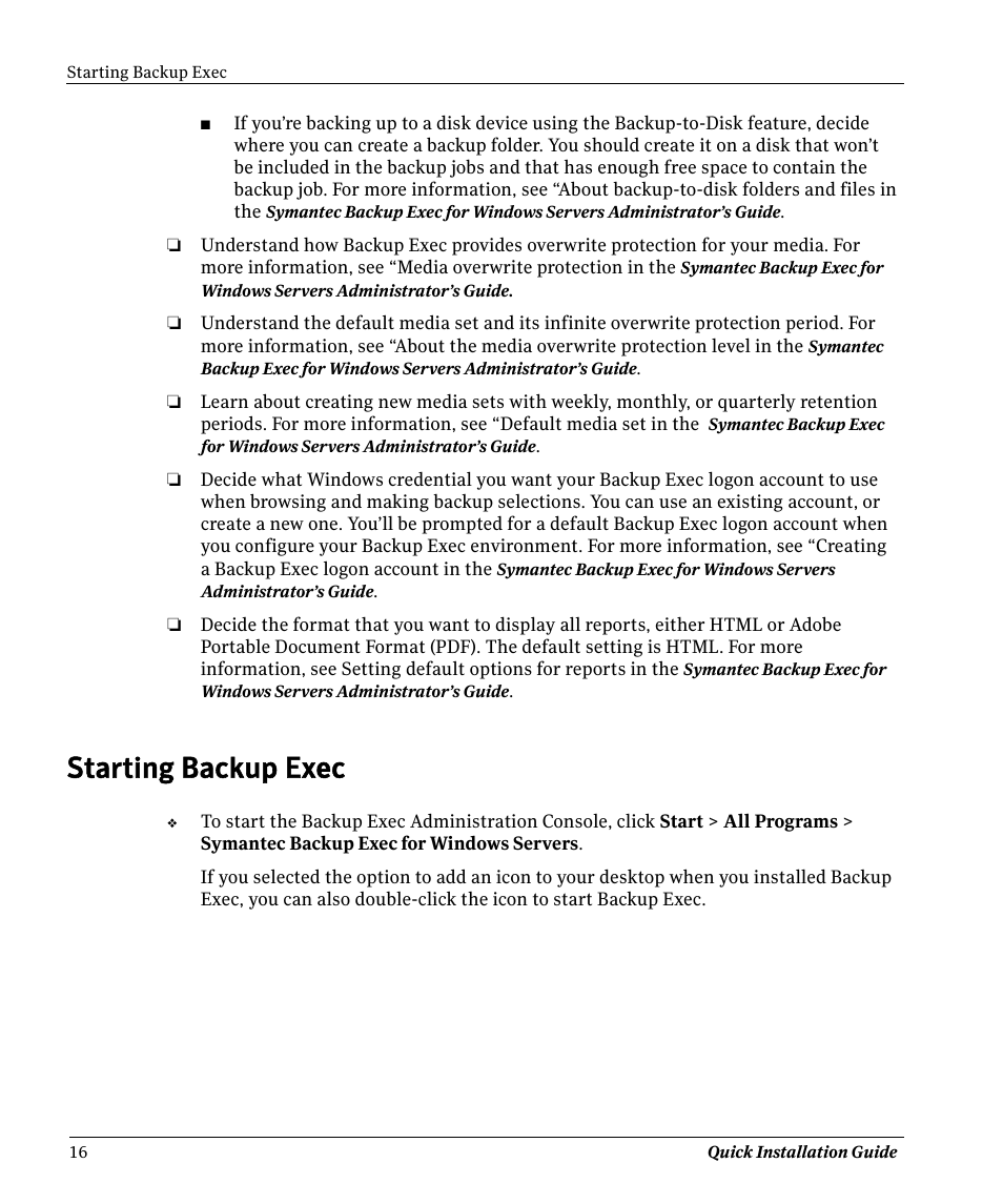 Starting backup exec | Symantec BACKUP EXEC 11D User Manual | Page 16 / 18