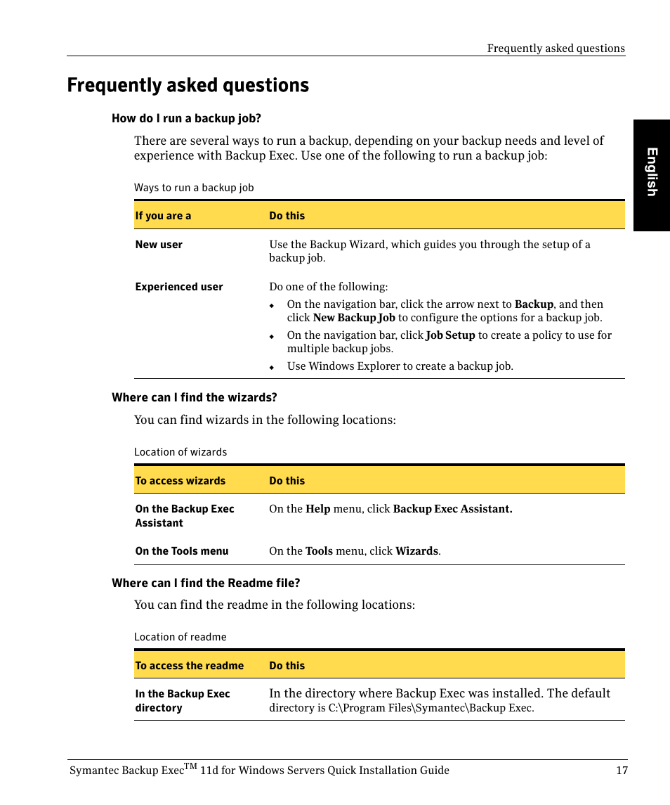Frequently asked questions, Eng lish | Symantec BACKUP EXEC 11D User Manual | Page 17 / 18