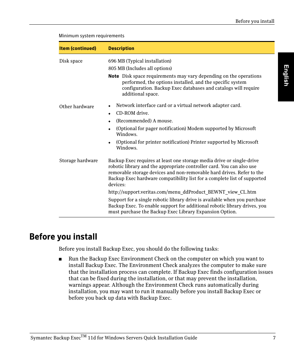 Before you install, Eng lish | Symantec BACKUP EXEC 11D User Manual | Page 7 / 18