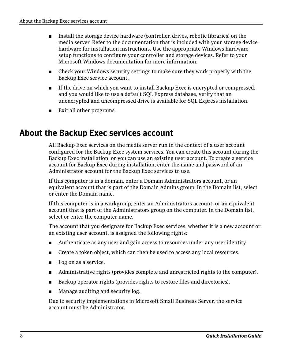 About the backup exec services account | Symantec BACKUP EXEC 11D User Manual | Page 8 / 18