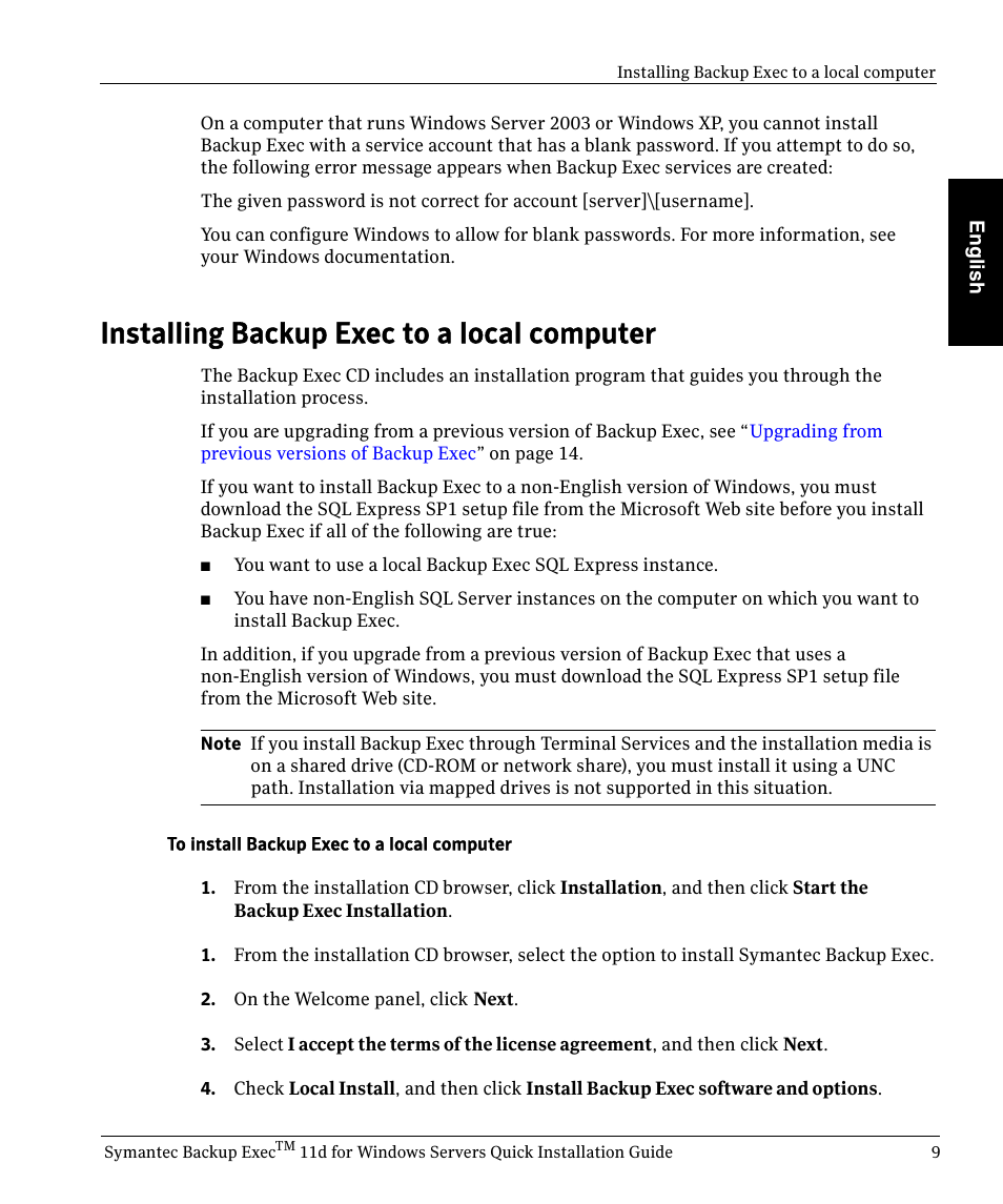 Installing backup exec to a local computer | Symantec BACKUP EXEC 11D User Manual | Page 9 / 18