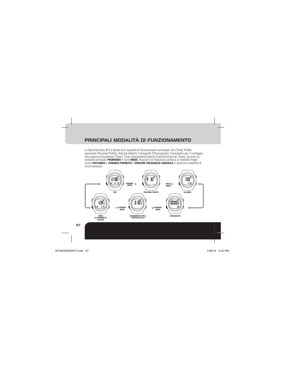 Principali modalità di funzionamento | Sportline Solo 915 User Manual | Page 100 / 112