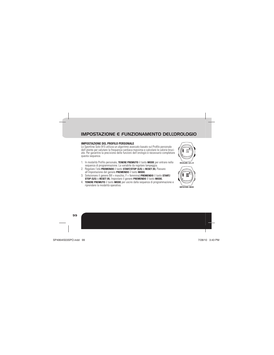 Impostazione e funzionamento dell’orologio | Sportline Solo 915 User Manual | Page 102 / 112