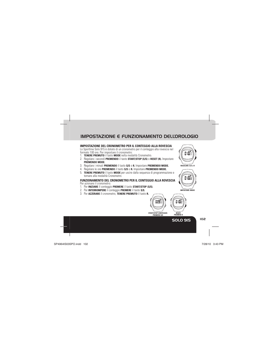 Impostazione e funzionamento dell’orologio, Solo 915 | Sportline Solo 915 User Manual | Page 105 / 112