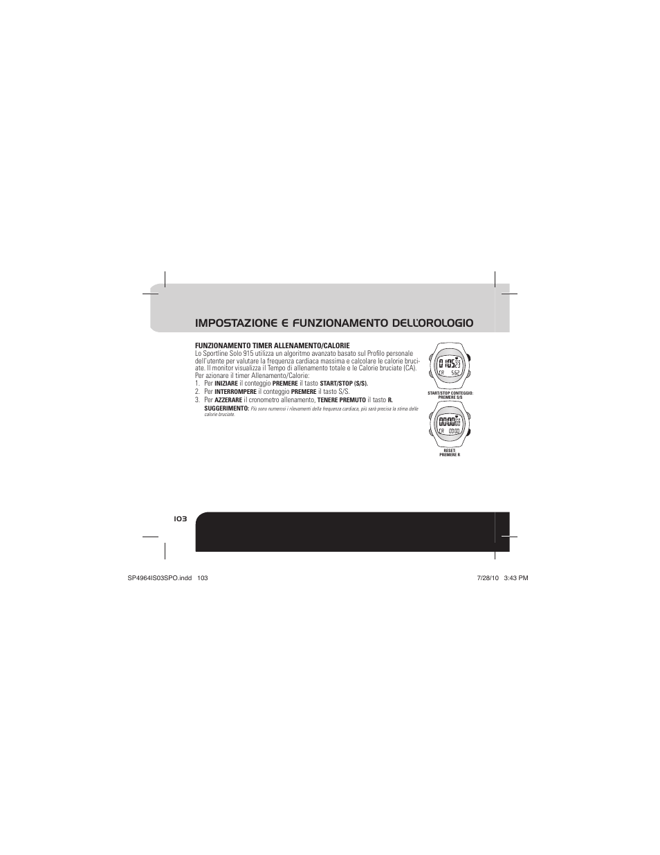 Impostazione e funzionamento dell’orologio | Sportline Solo 915 User Manual | Page 106 / 112