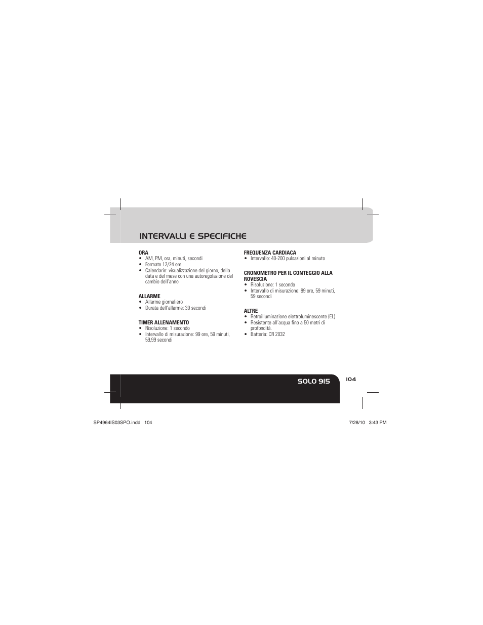 Intervalli e specifiche, Solo 915 | Sportline Solo 915 User Manual | Page 107 / 112