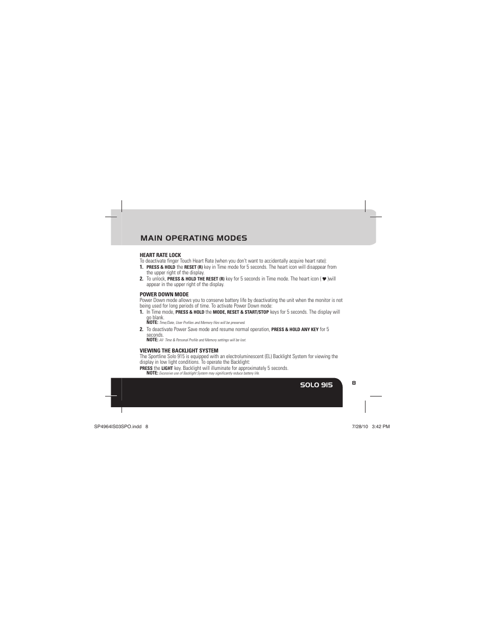 Main operating modes, Solo 915 | Sportline Solo 915 User Manual | Page 11 / 112