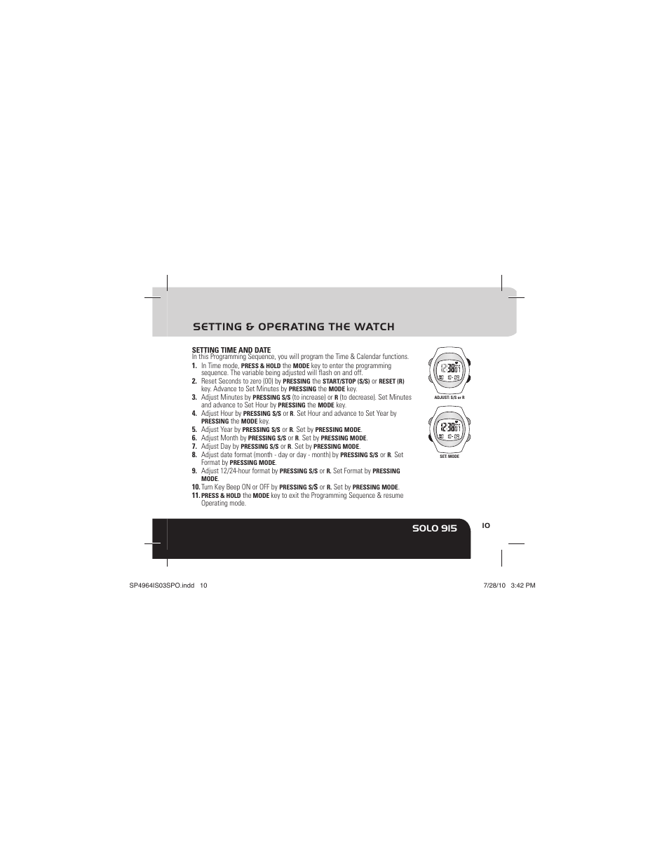 Setting & operating the watch, Solo 915 | Sportline Solo 915 User Manual | Page 13 / 112