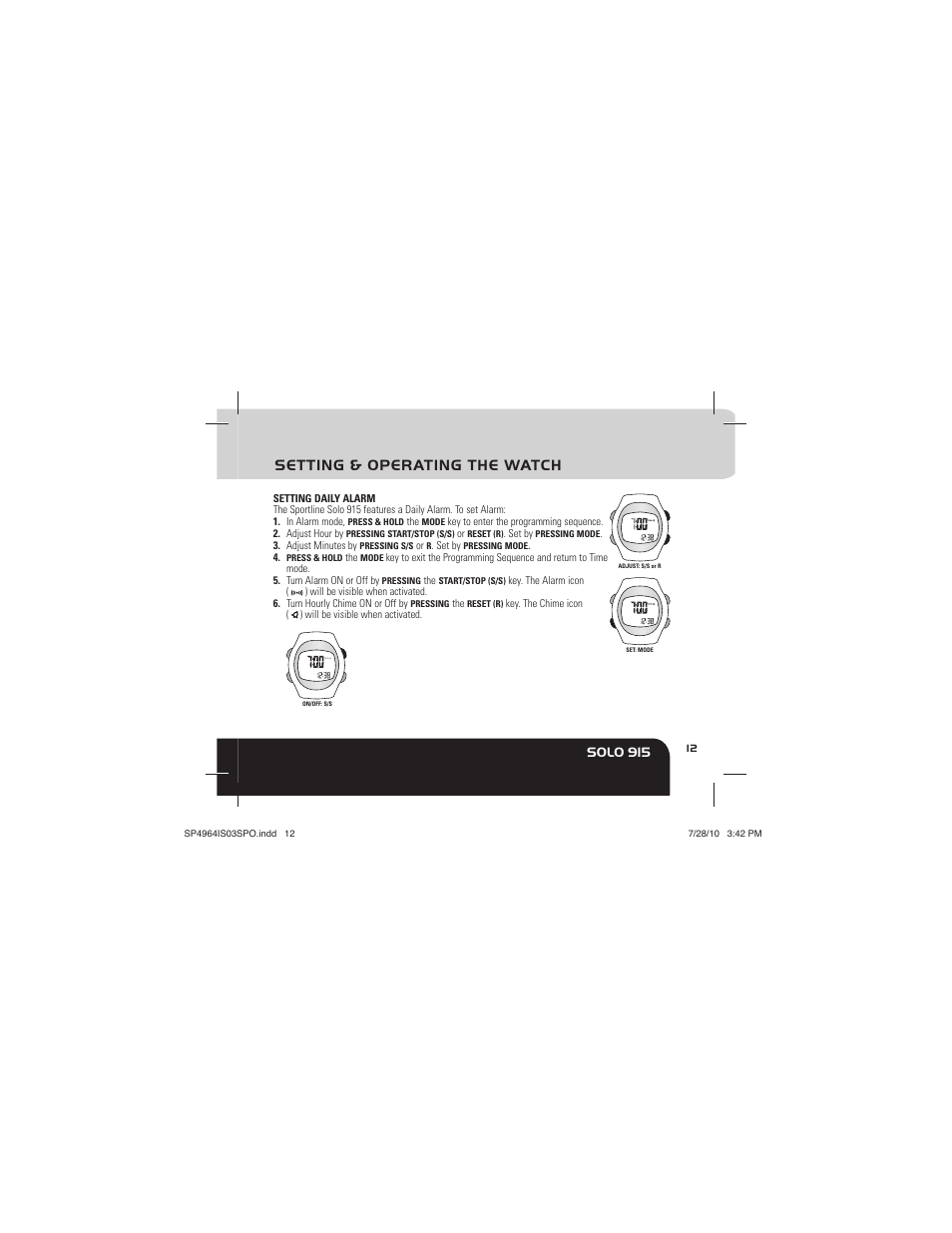 Setting & operating the watch, Solo 915 | Sportline Solo 915 User Manual | Page 15 / 112