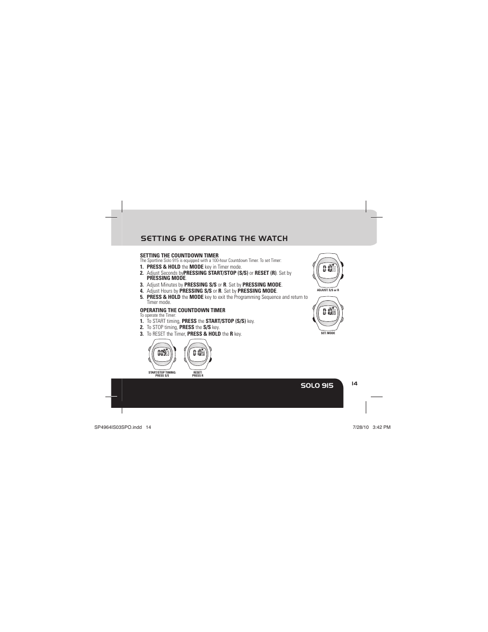 Setting & operating the watch, Solo 915 | Sportline Solo 915 User Manual | Page 17 / 112