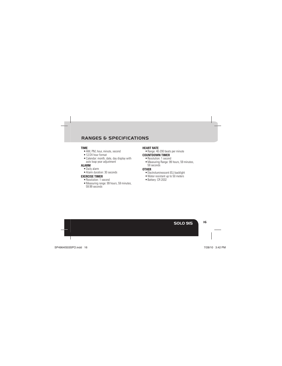 Ranges & specifications, Solo 915 | Sportline Solo 915 User Manual | Page 19 / 112