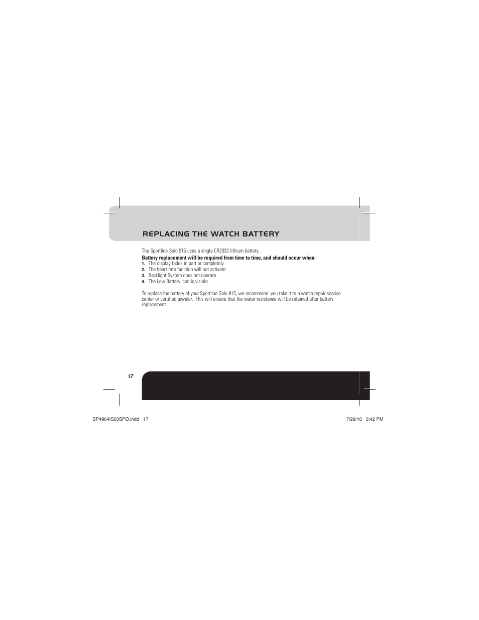 Replacing the watch battery | Sportline Solo 915 User Manual | Page 20 / 112