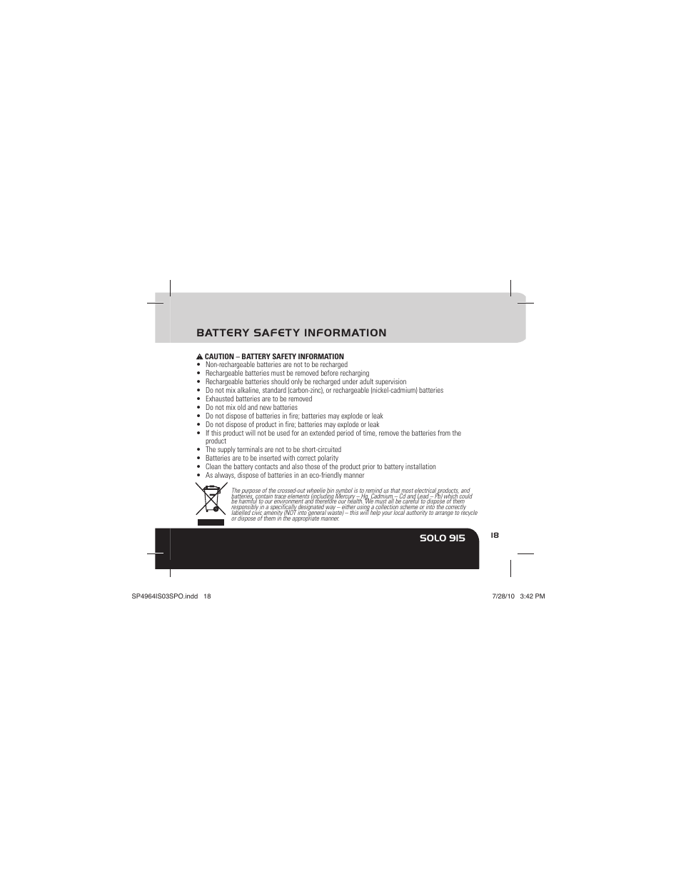 Battery safety information, Solo 915 | Sportline Solo 915 User Manual | Page 21 / 112