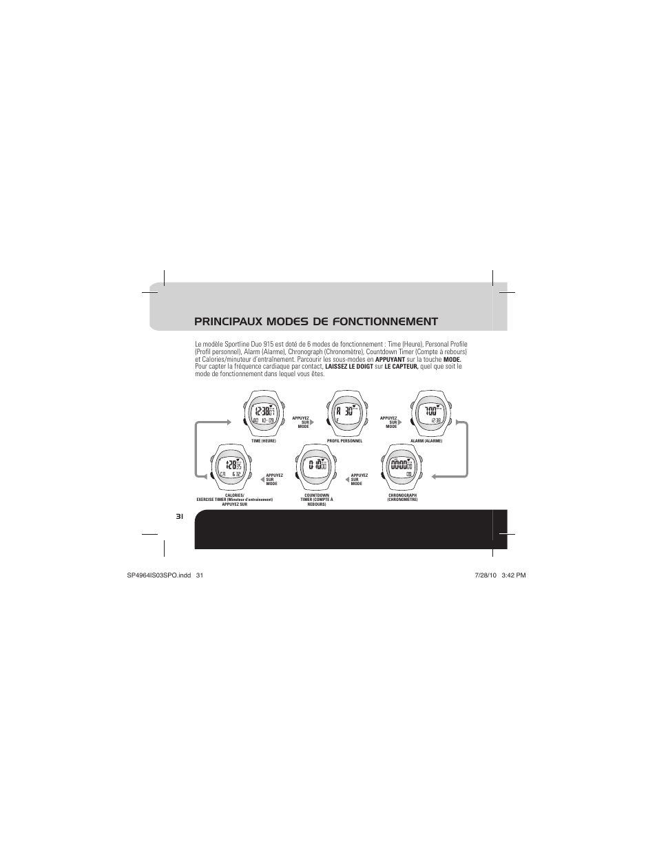 Principaux modes de fonctionnement | Sportline Solo 915 User Manual | Page 34 / 112