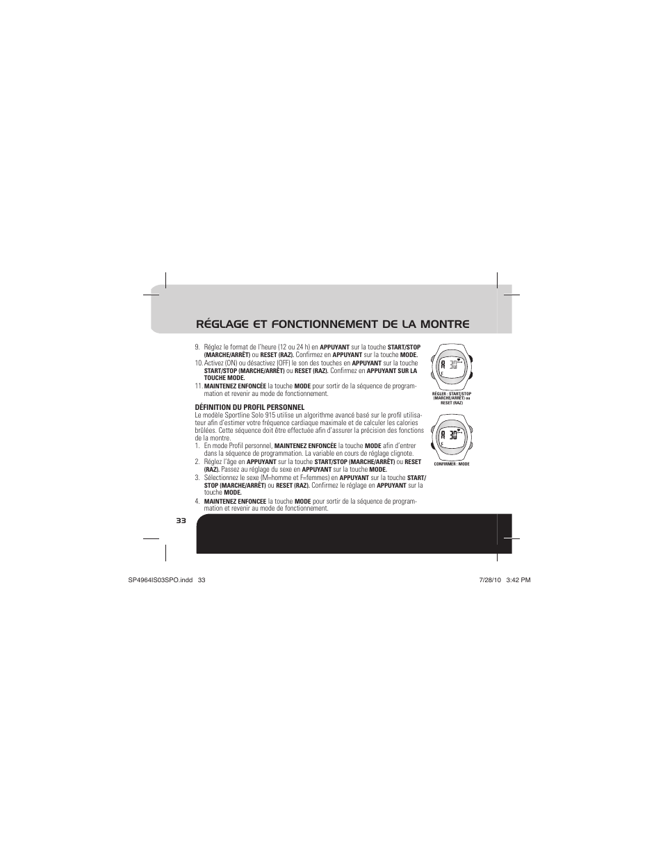 Réglage et fonctionnement de la montre | Sportline Solo 915 User Manual | Page 36 / 112