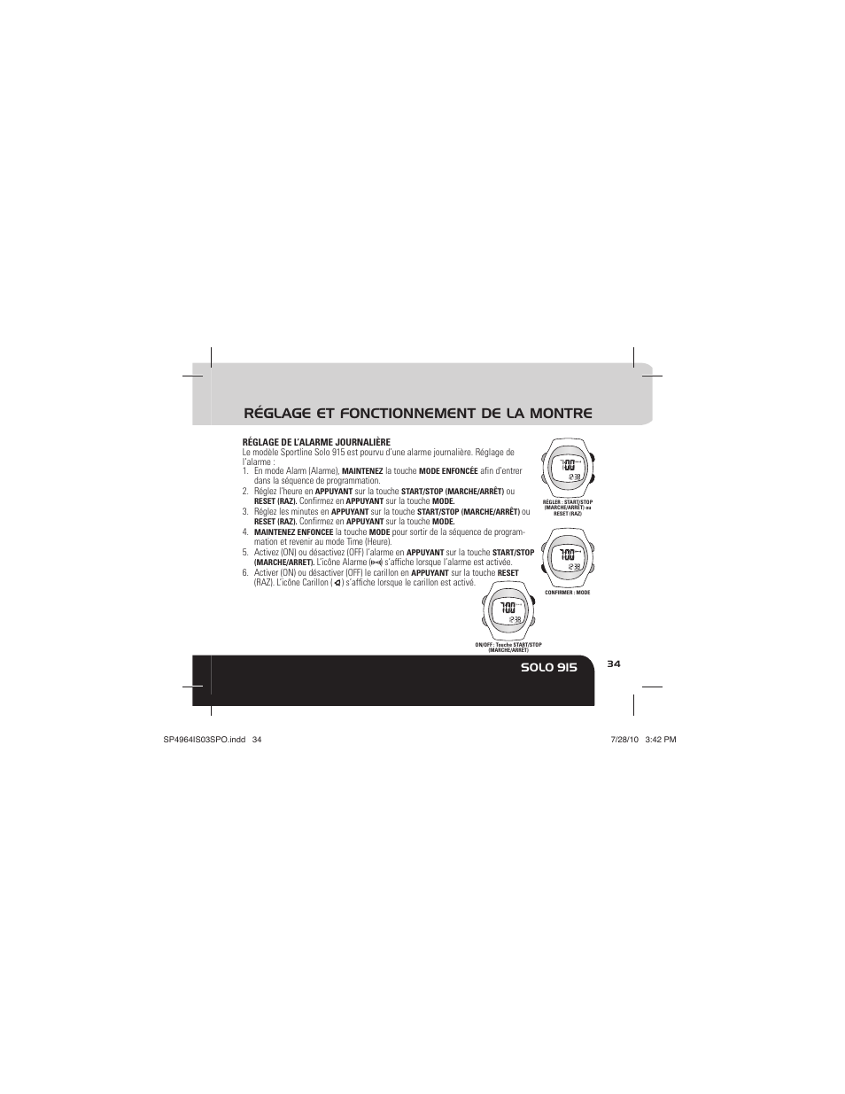 Réglage et fonctionnement de la montre, Solo 915 | Sportline Solo 915 User Manual | Page 37 / 112