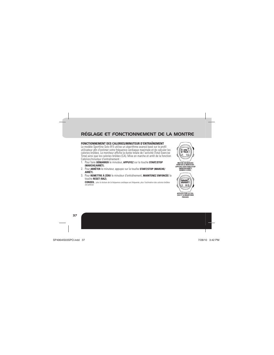 Réglage et fonctionnement de la montre | Sportline Solo 915 User Manual | Page 40 / 112