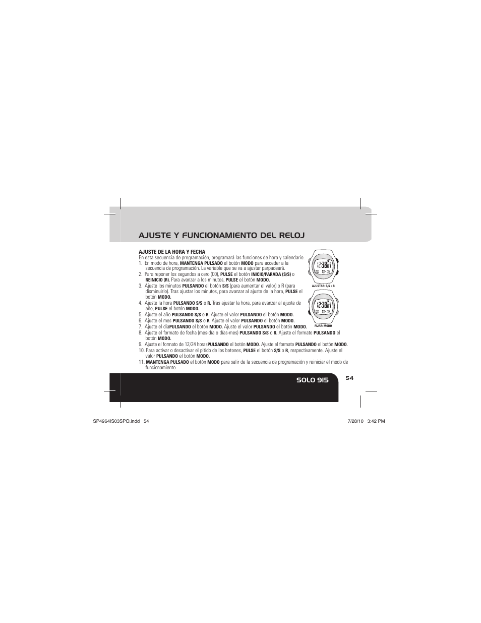 Ajuste y funcionamiento del reloj, Solo 915 | Sportline Solo 915 User Manual | Page 57 / 112