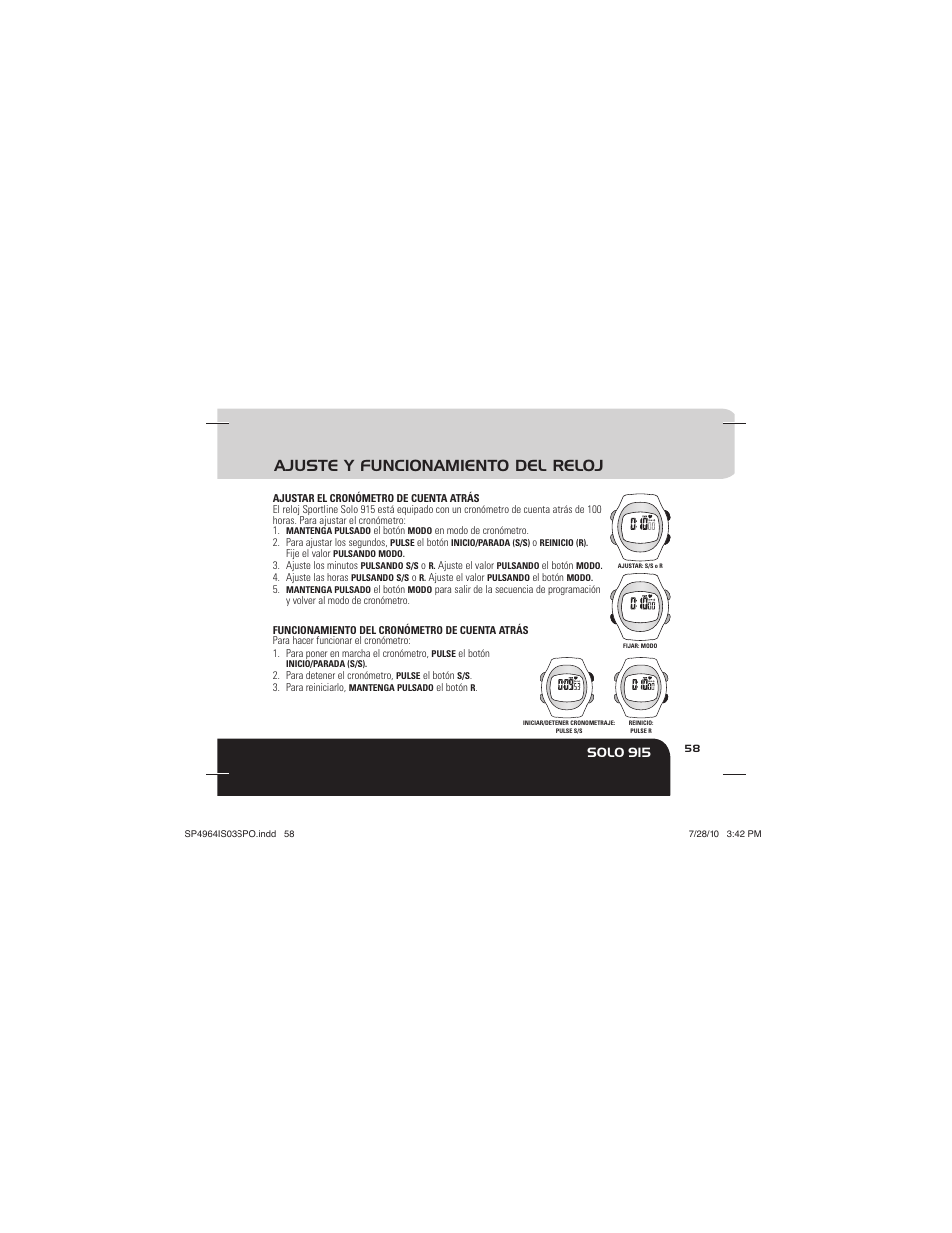 Ajuste y funcionamiento del reloj, Solo 915 | Sportline Solo 915 User Manual | Page 61 / 112