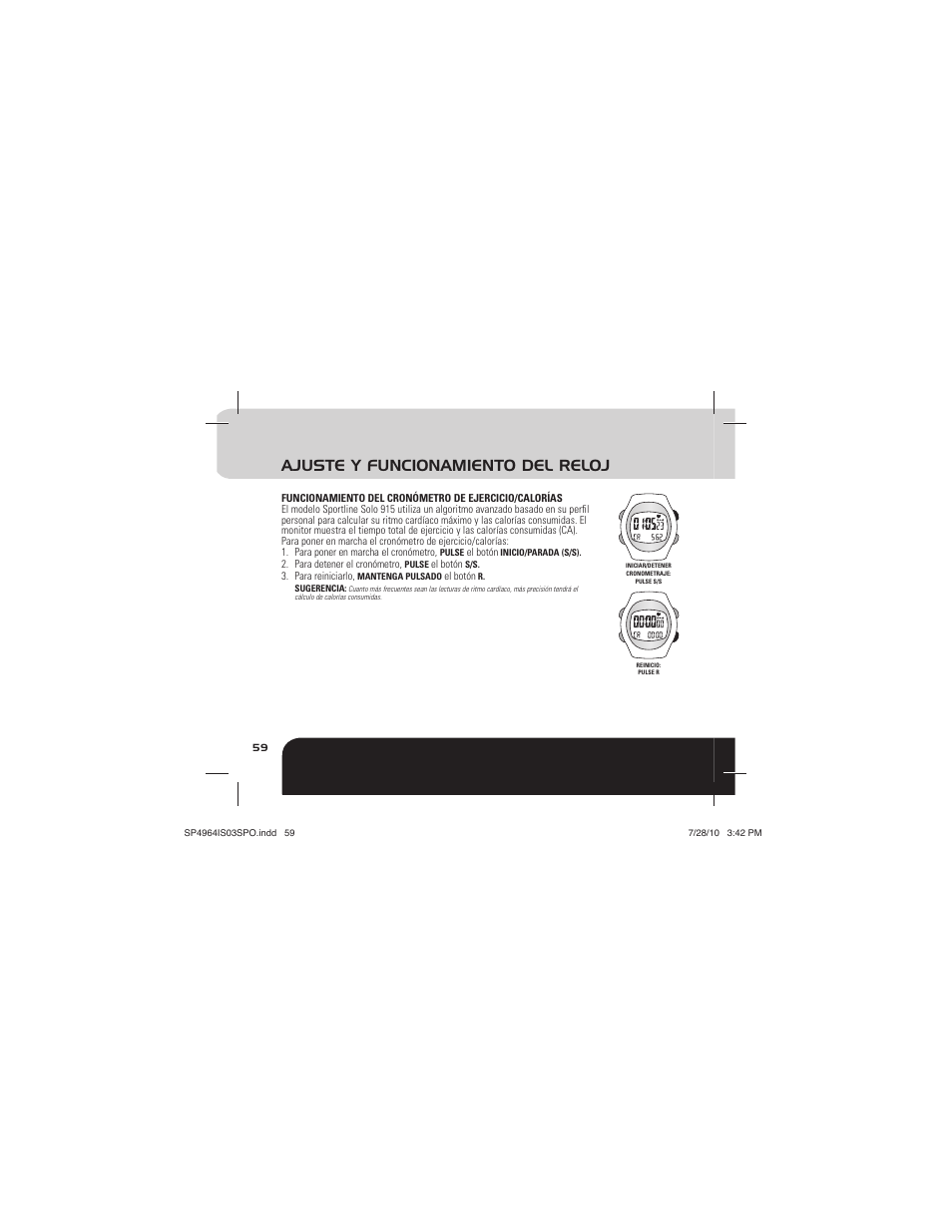 Ajuste y funcionamiento del reloj | Sportline Solo 915 User Manual | Page 62 / 112