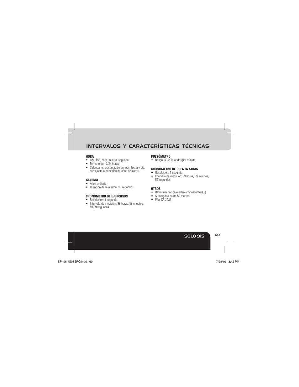 Intervalos y características técnicas, Solo 915 | Sportline Solo 915 User Manual | Page 63 / 112