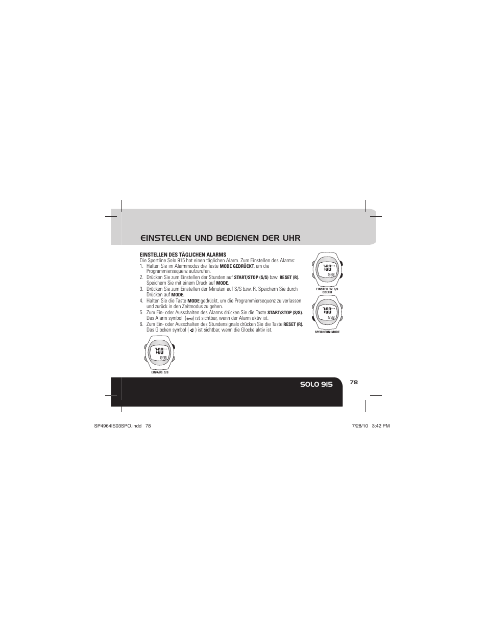 Einstellen und bedienen der uhr, Solo 915 | Sportline Solo 915 User Manual | Page 81 / 112