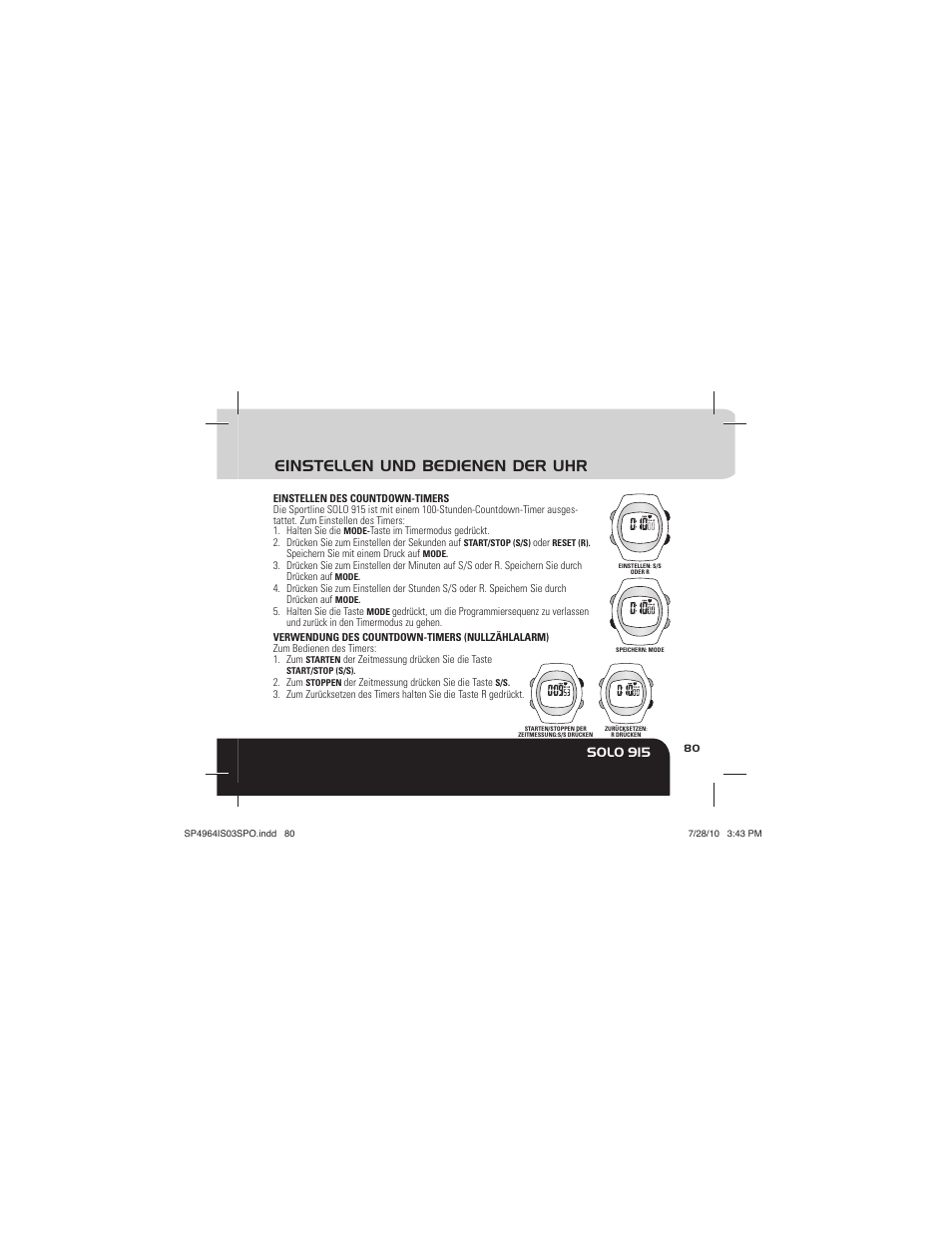 Einstellen und bedienen der uhr, Solo 915 | Sportline Solo 915 User Manual | Page 83 / 112