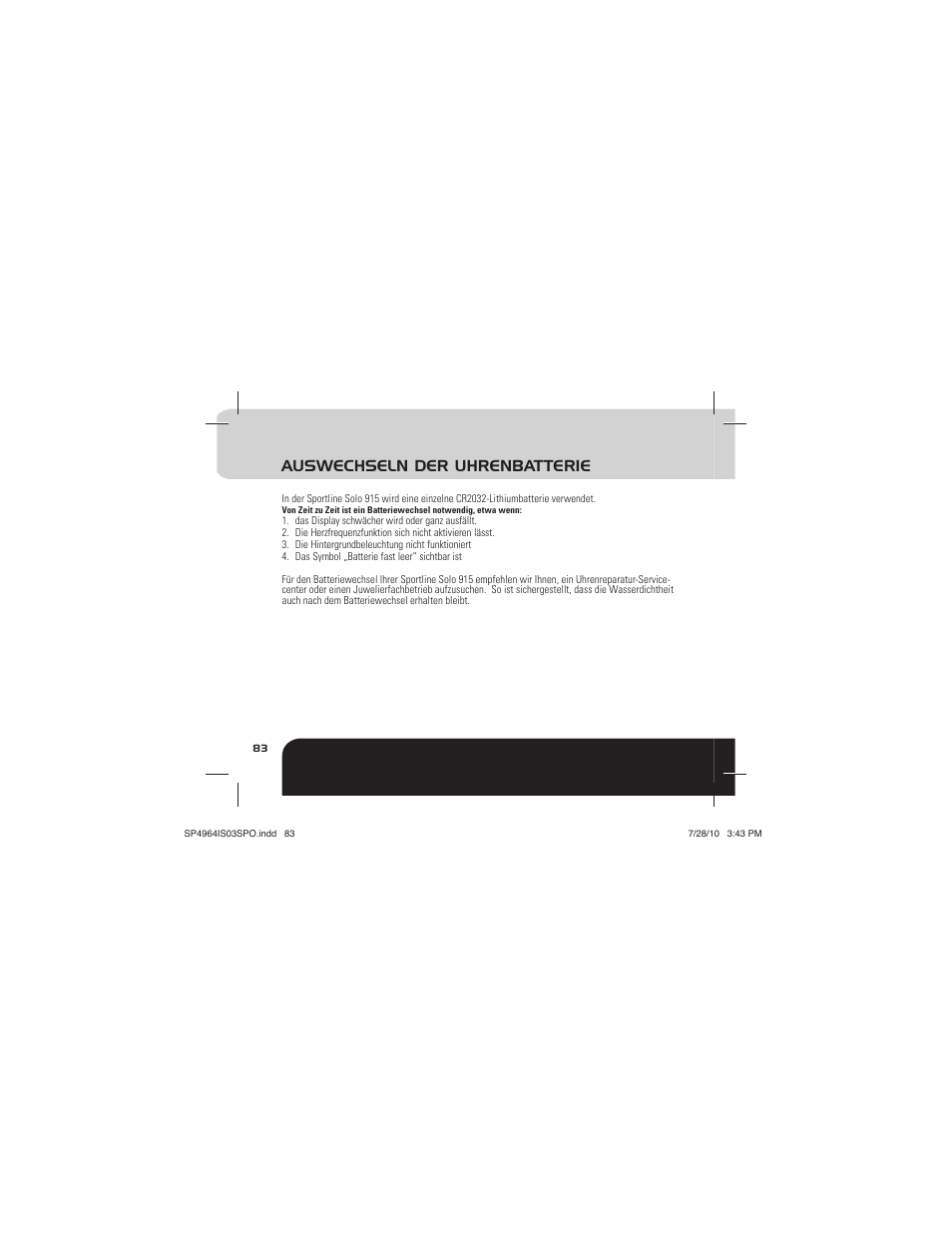 Auswechseln der uhrenbatterie | Sportline Solo 915 User Manual | Page 86 / 112