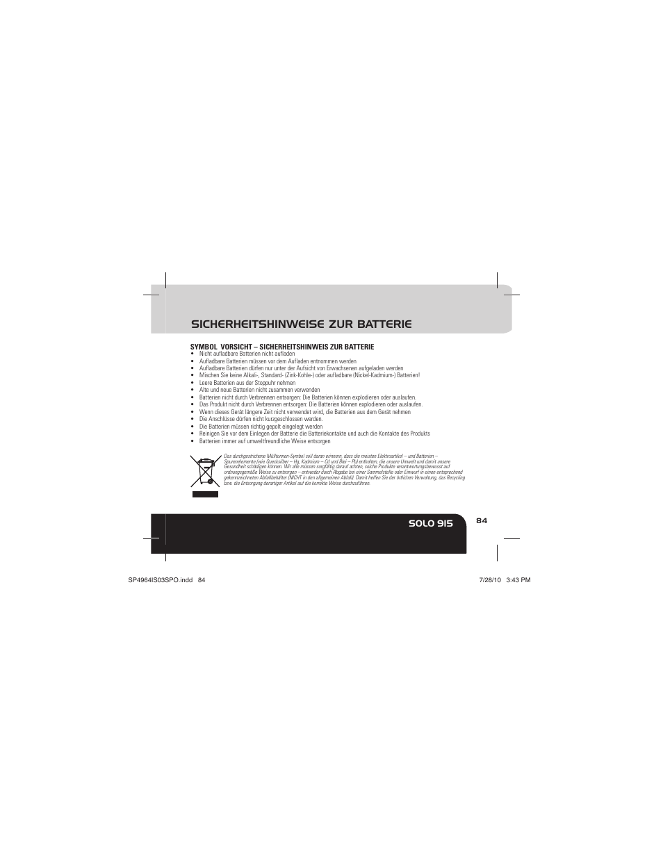 Sicherheitshinweise zur batterie, Solo 915 | Sportline Solo 915 User Manual | Page 87 / 112