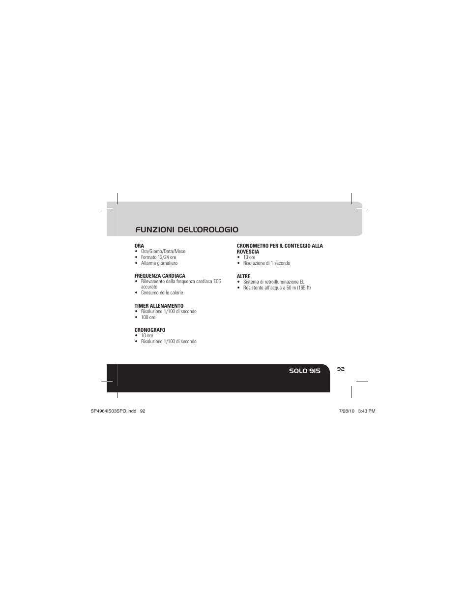 Funzioni dell’orologio, Solo 915 | Sportline Solo 915 User Manual | Page 95 / 112