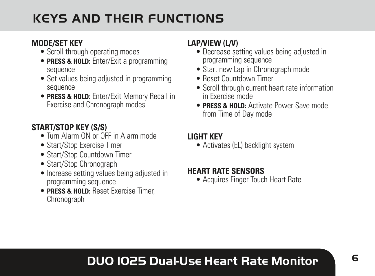 Duo 1025 dual-use heart rate monitor, Keys and their functions | Sportline DUO 1025 User Manual | Page 9 / 36