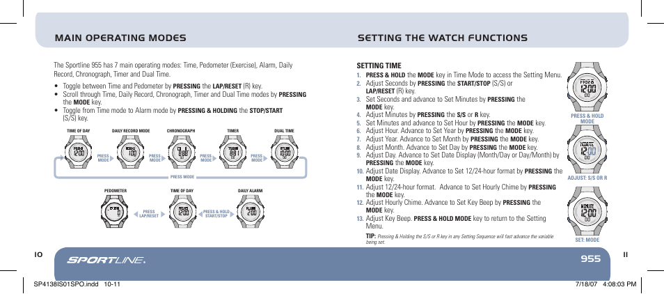 955 main operating modes, Setting the watch functions | Sportline 955 User Manual | Page 11 / 28