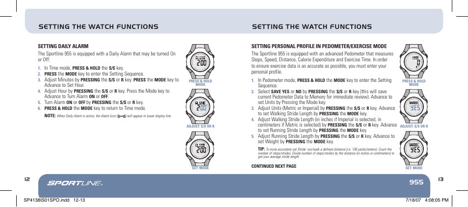 955 setting the watch functions, Setting the watch functions | Sportline 955 User Manual | Page 13 / 28