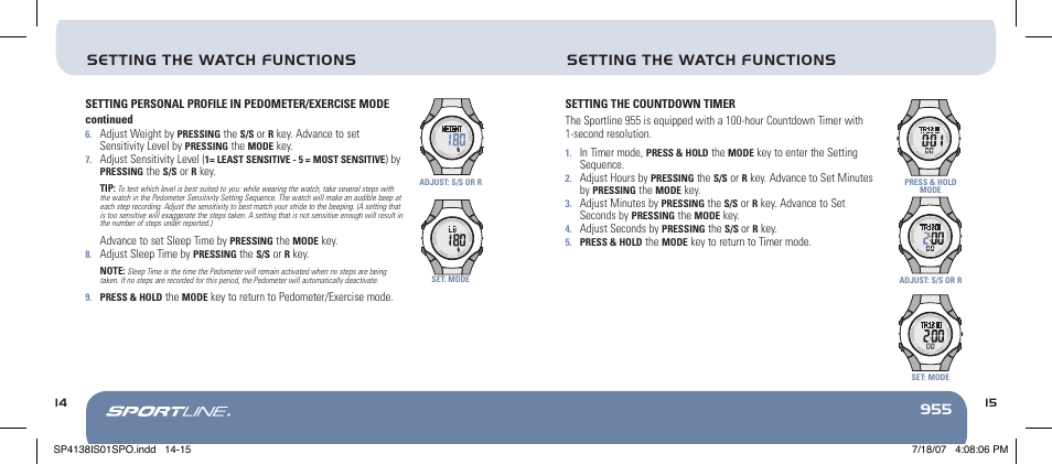 955 setting the watch functions, Setting the watch functions | Sportline 955 User Manual | Page 14 / 28