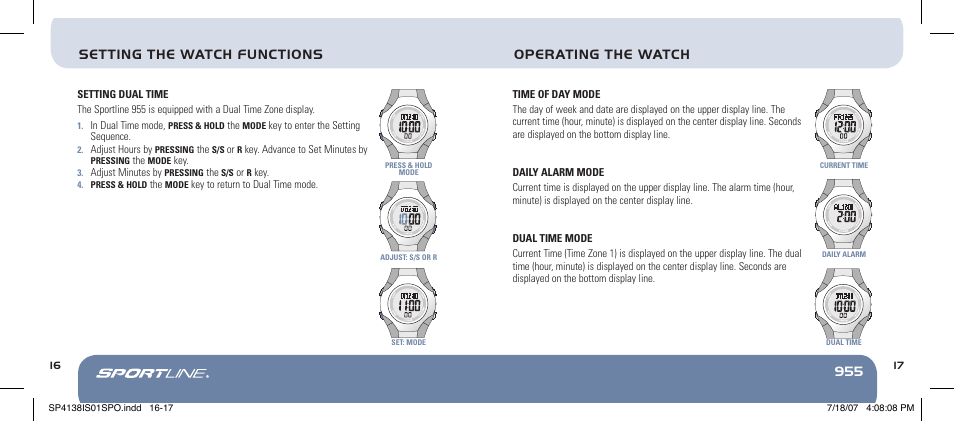 955 setting the watch functions, Operating the watch | Sportline 955 User Manual | Page 16 / 28