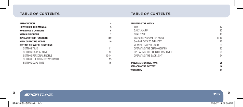 955 table of contents table of contents | Sportline 955 User Manual | Page 2 / 28