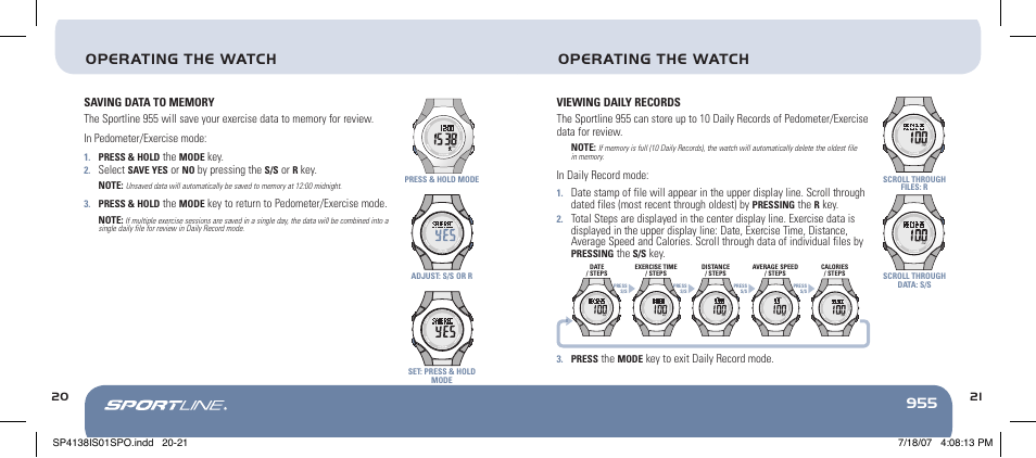 955 operating the watch, Operating the watch | Sportline 955 User Manual | Page 21 / 28