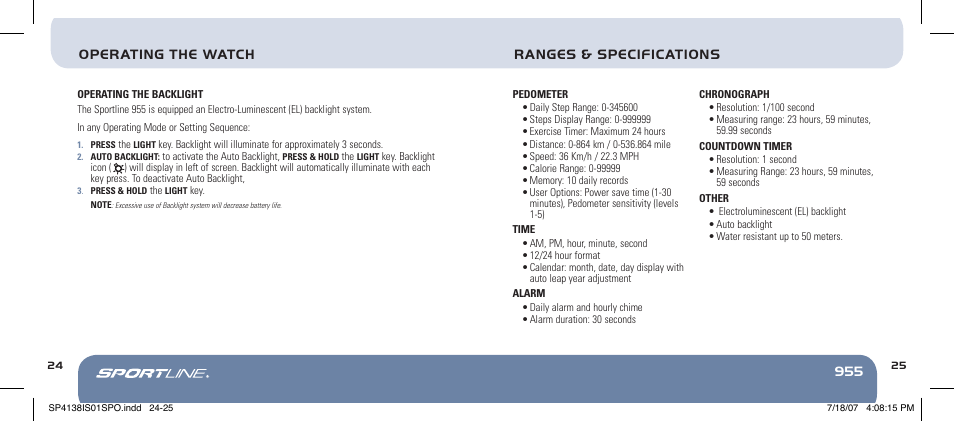 955 operating the watch ranges & specifications | Sportline 955 User Manual | Page 25 / 28