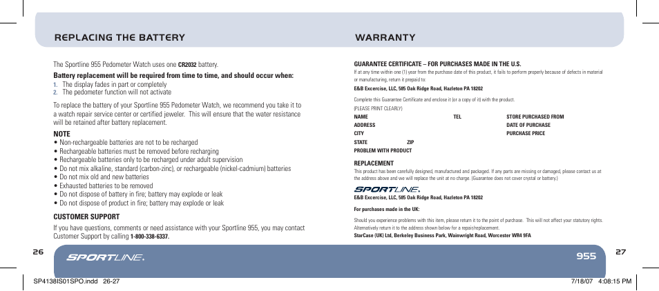 Replacing the battery warranty | Sportline 955 User Manual | Page 26 / 28