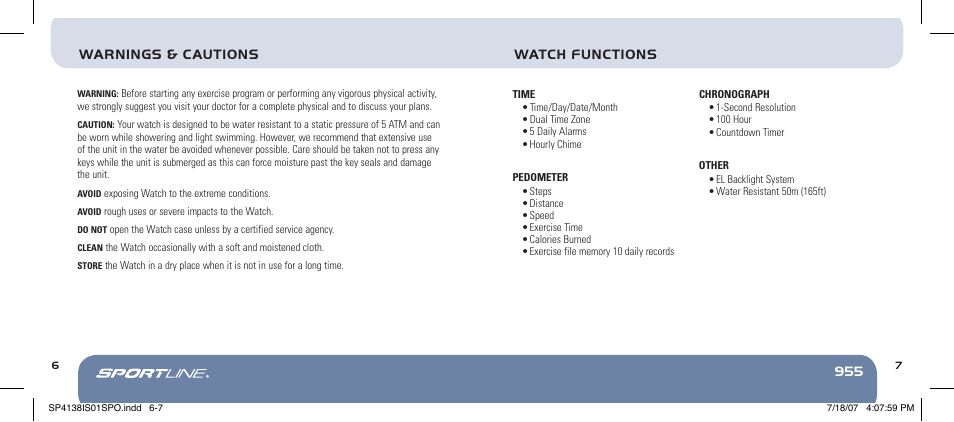 955 warnings & cautions, Watch functions | Sportline 955 User Manual | Page 7 / 28