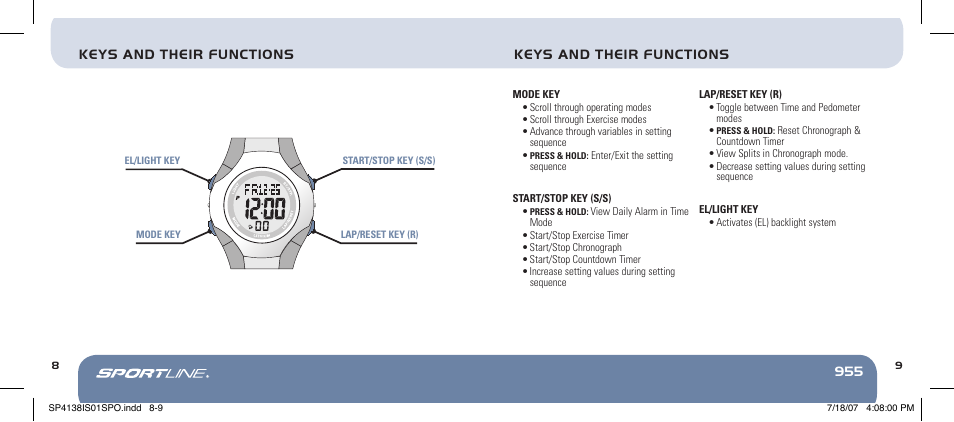 Keys and their functions | Sportline 955 User Manual | Page 8 / 28