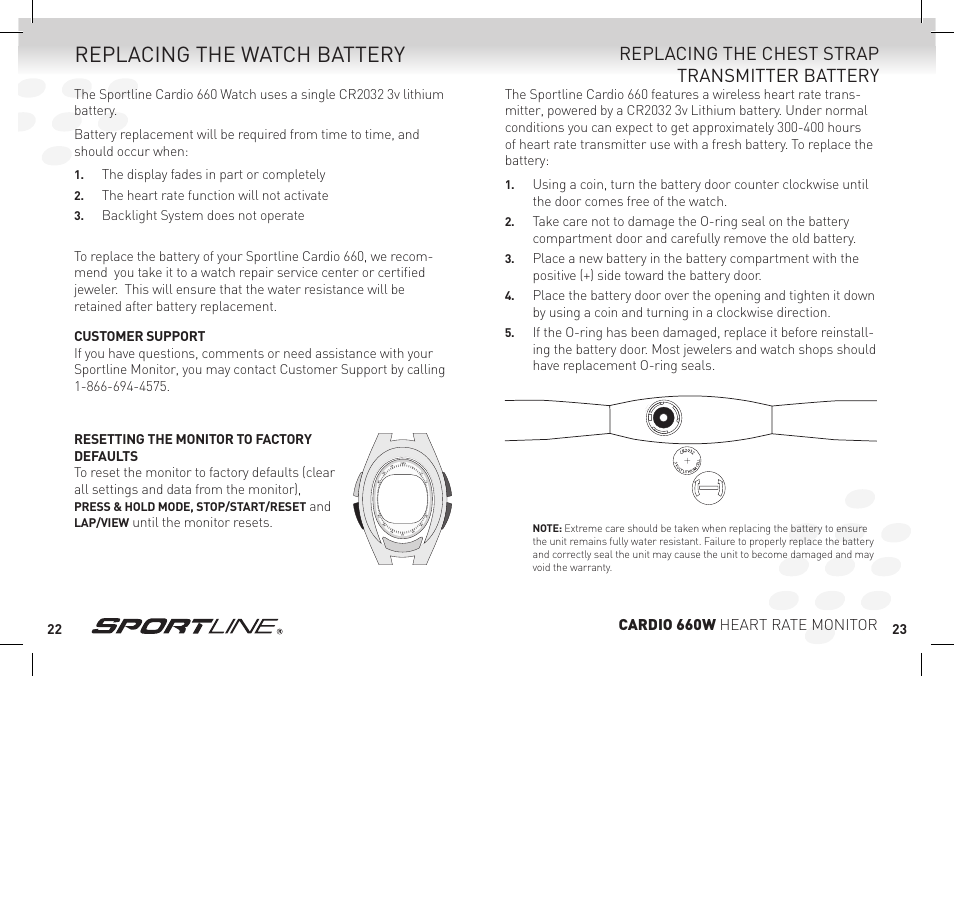 Replacing the watch battery, Replacing the chest strap transmitter battery | Sportline Cardio 660 Women's Heart Rate Monitor SP1449S015SPO User Manual | Page 12 / 15